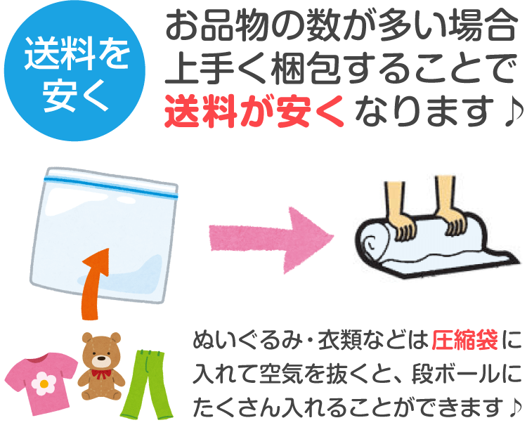 ぬいぐるみ・衣類などは圧縮袋に入れるとたくさん入れることができます。
